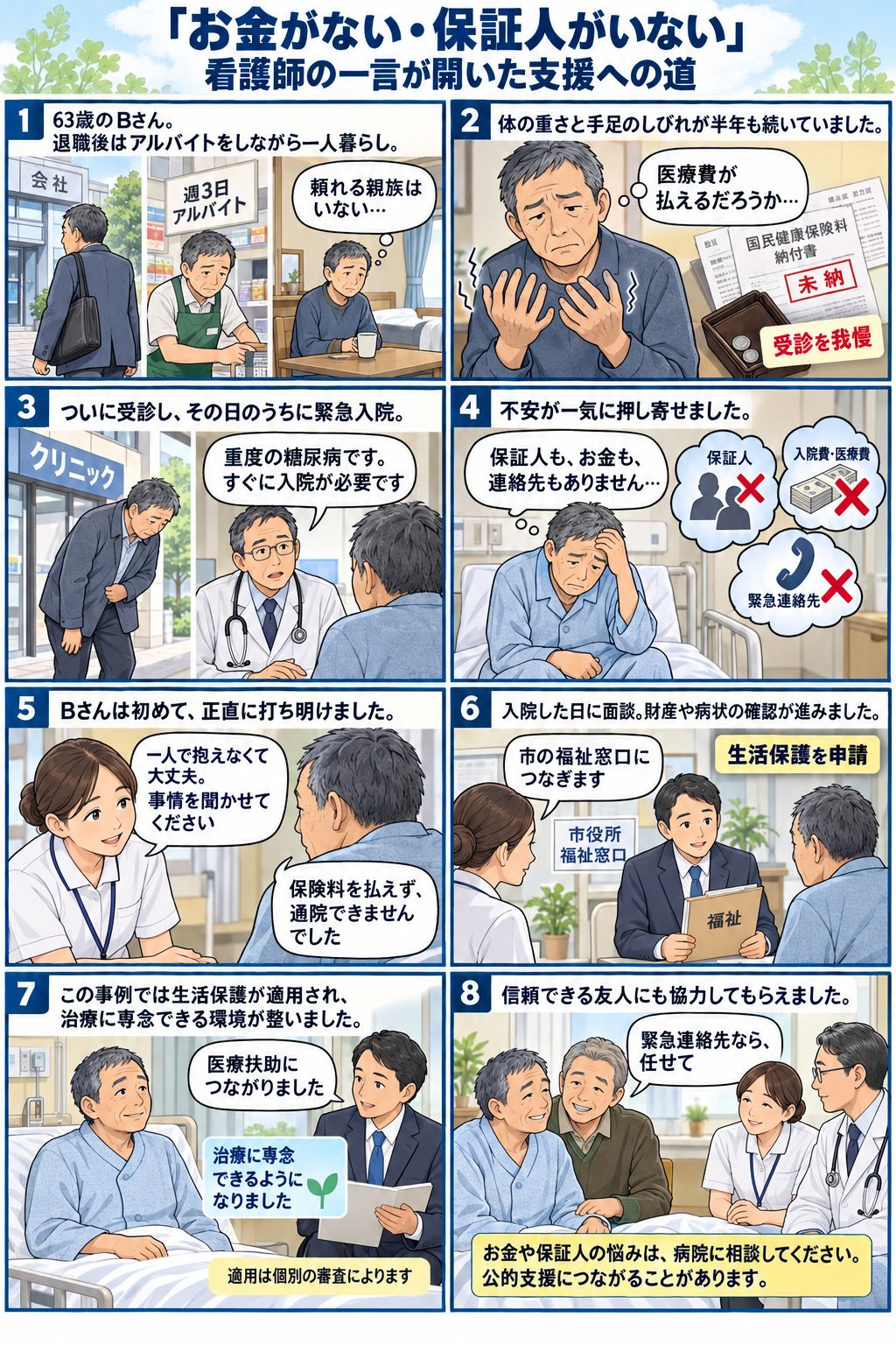 63歳・一人暮らしで保証人もお金もないBさんが公的支援につながった事例